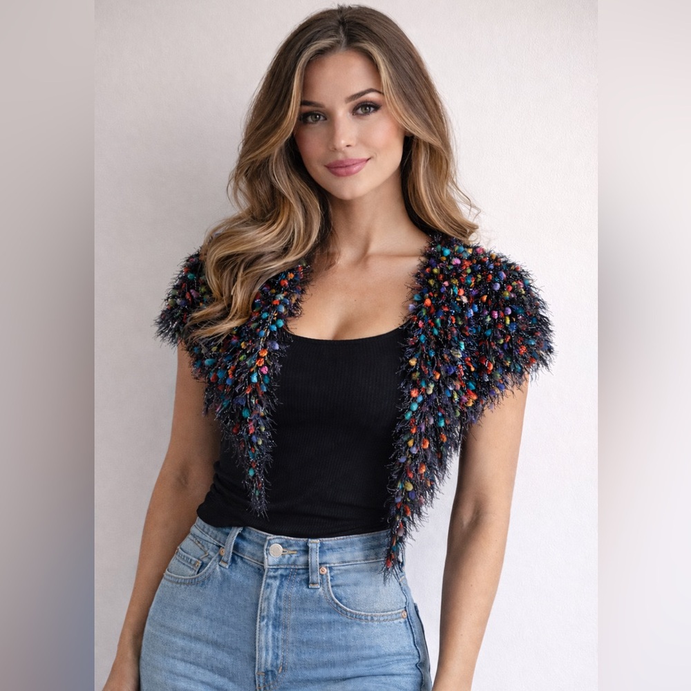 Fuzzy Multicolor Knit Shawl Women’s One Size Cropped Shoulder Wrap Y2K Festival